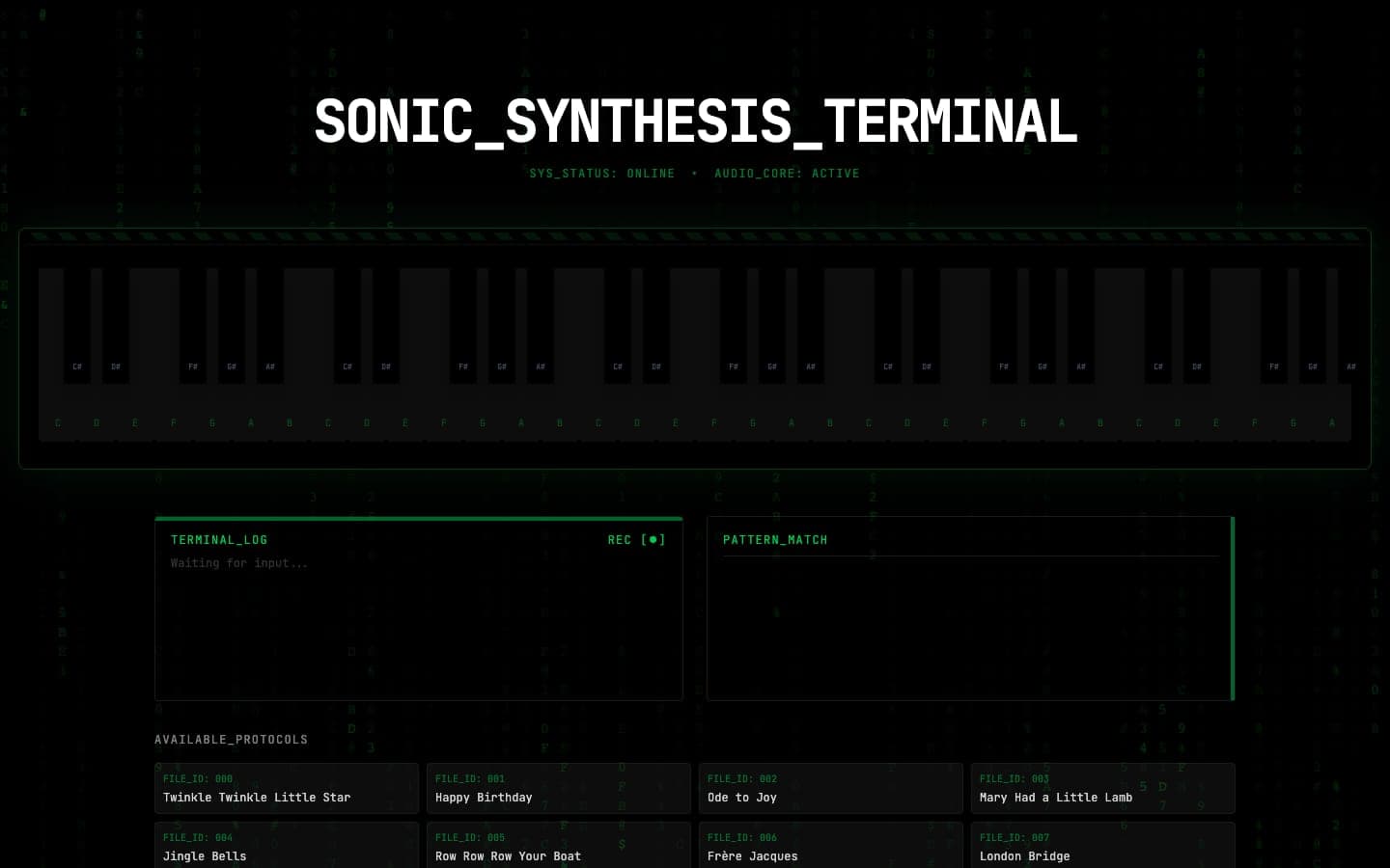 Sonic Synthesis Terminal: a full-width piano keyboard above a terminal log and pattern match panel