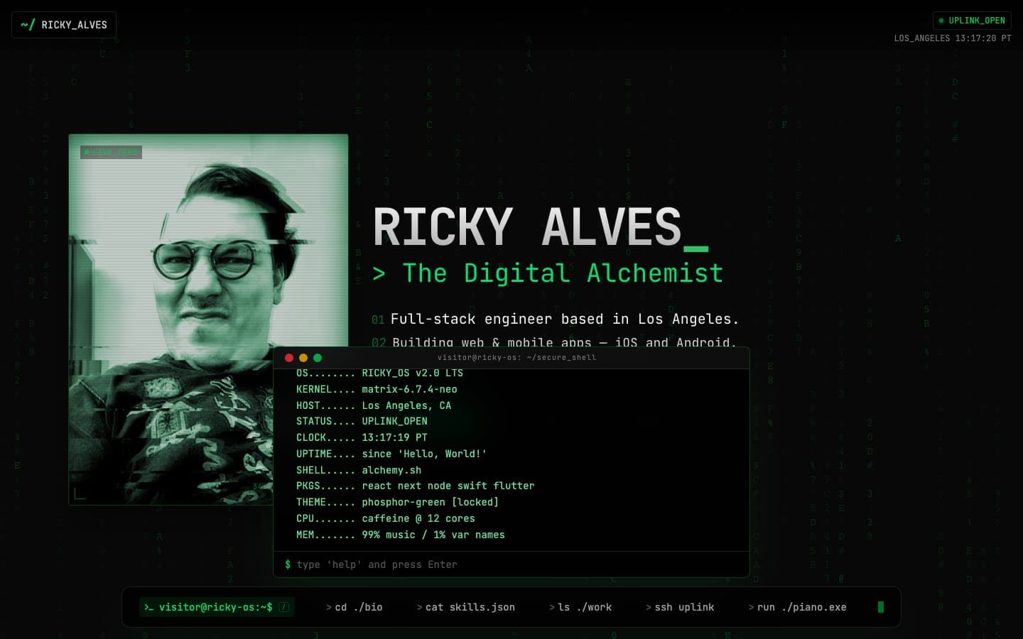 The RICKY_OS terminal open over the portfolio home page, showing neofetch output