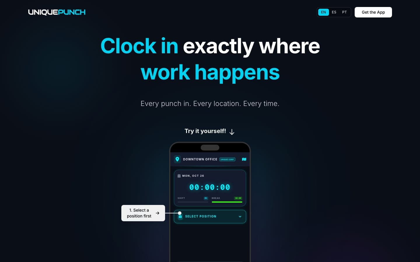 Unique Punch landing page with an interactive phone demo of the punch-in screen